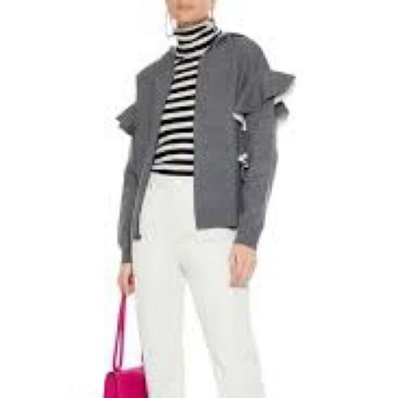 Alice + Olivia HARRIS RUFFLE ZIP HOODIE IN MEDIUM HEATHER GREY - Picture 2 of 9